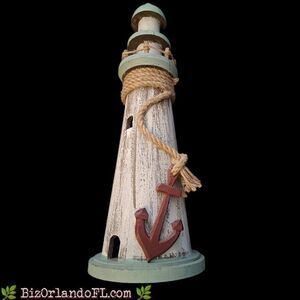 Grayson Lane Distressed White Blue Wood Coastal Lighthouse Sculpture Rope Anchor